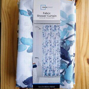 NEW Blue Fabric Shower Curtain, 72" x 72", Mainstays Watercolor Botanica…